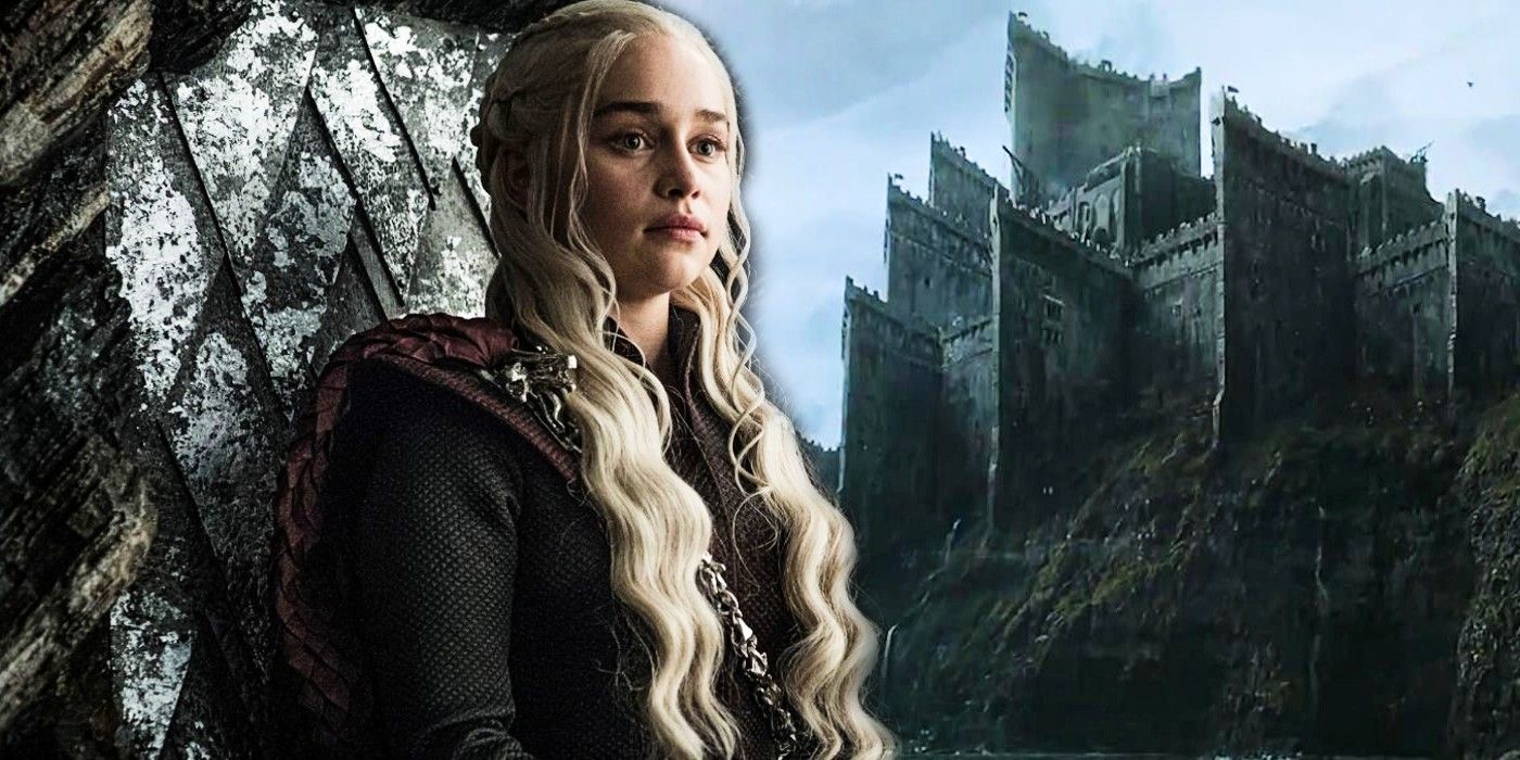 Daenerys Targaryen on the Dragonstone seat, with the exterior of Dragonstone shown next to her.