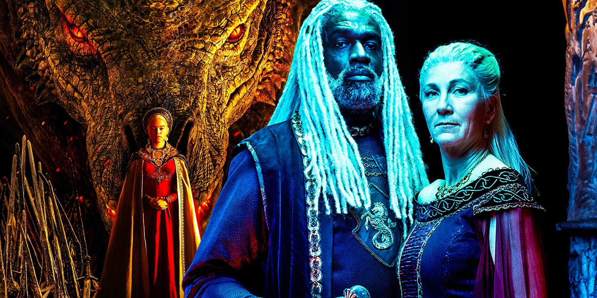 Collage of Rhaenyra in front of a dragon and Corlys standing with Rhaenys in House of the Dragon
