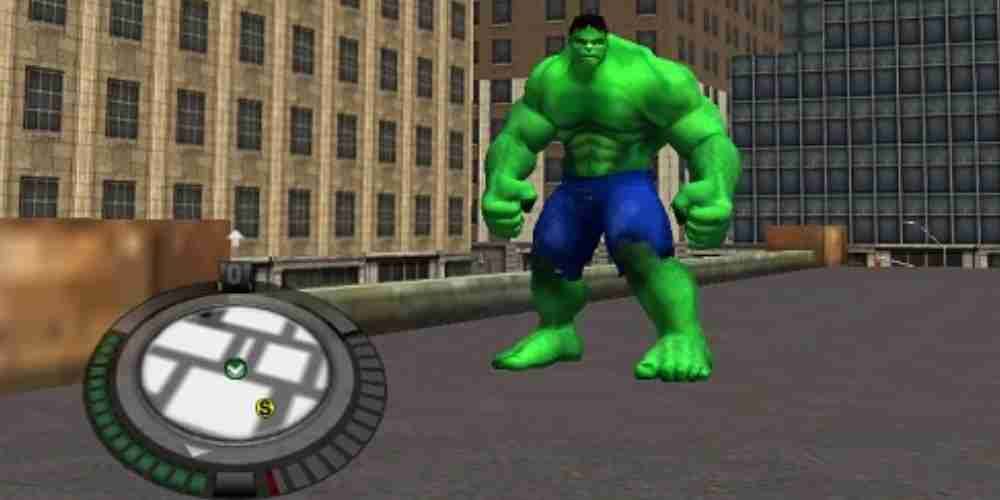Hulk stands next to a minimap in the 2003 Hulk game.