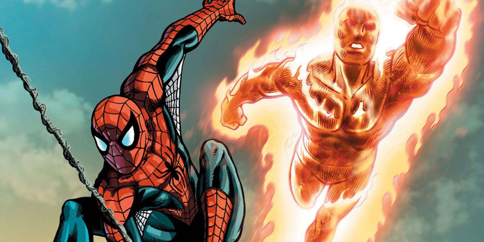 Human Torch and Spider-Man leap into battle side-by-side