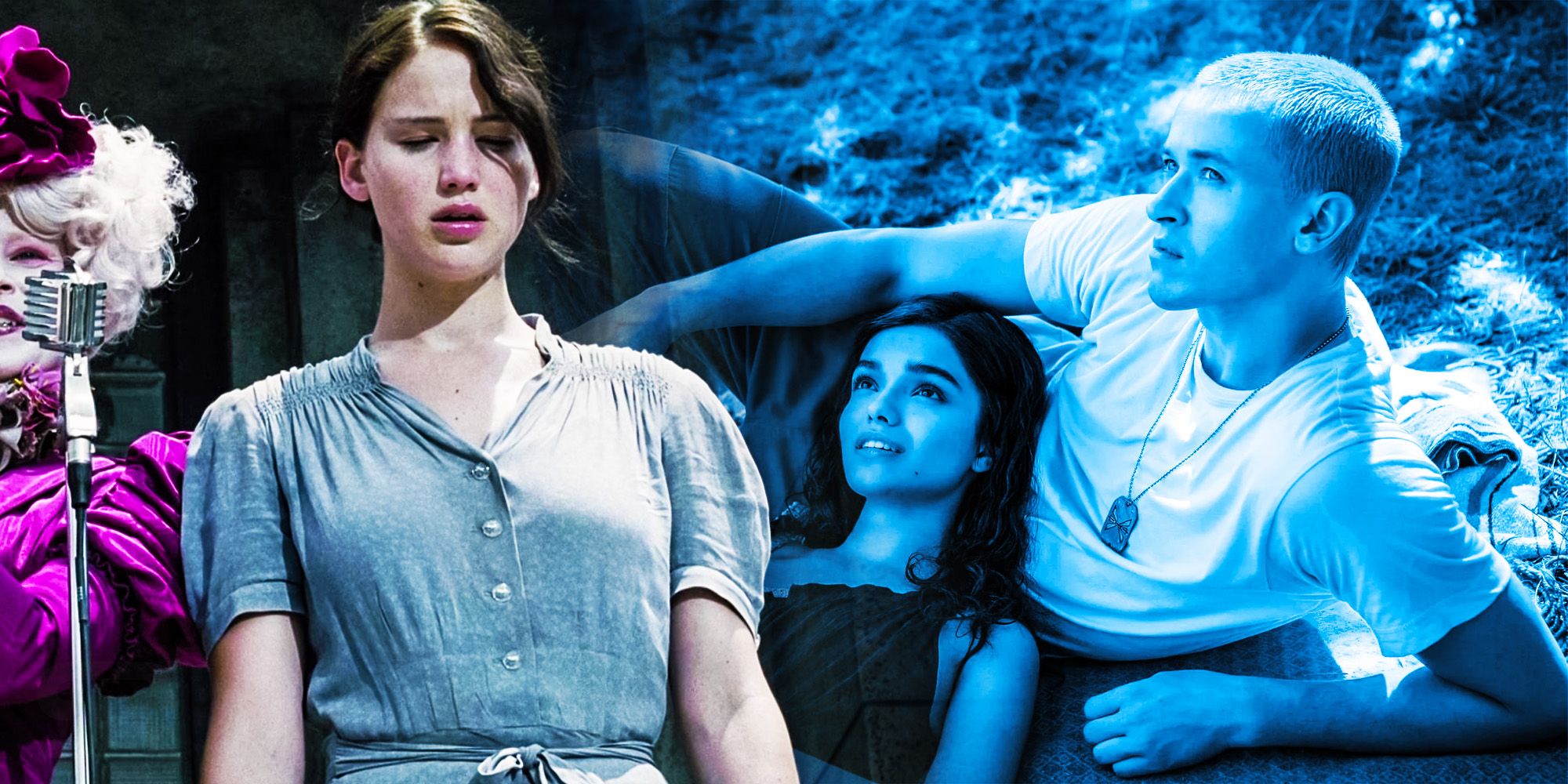 Jennifer Lawrence as Katniss in Hunger Games and Rachel Zegler and Tom Blyth as Lucy and Snow in Ballad Of Songbirds and Snakes