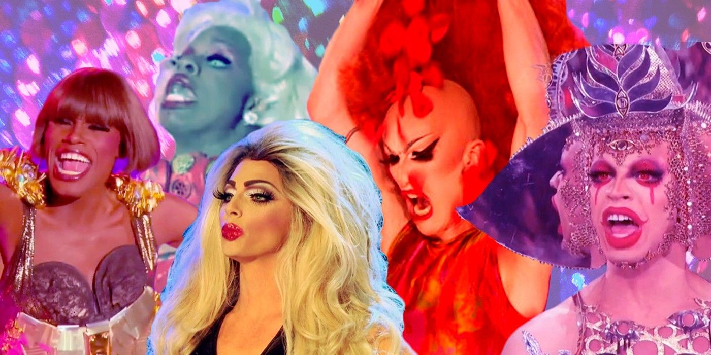 Iconic-Drag-Race-Lip-Syncs montage of cast members with bright colors