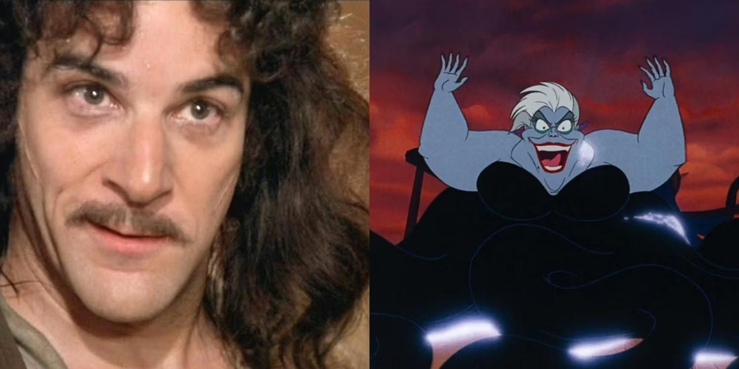 Inigo Montoya looking cocky in The Princess Bride and Ursula with her hands up in The Little Mermaid