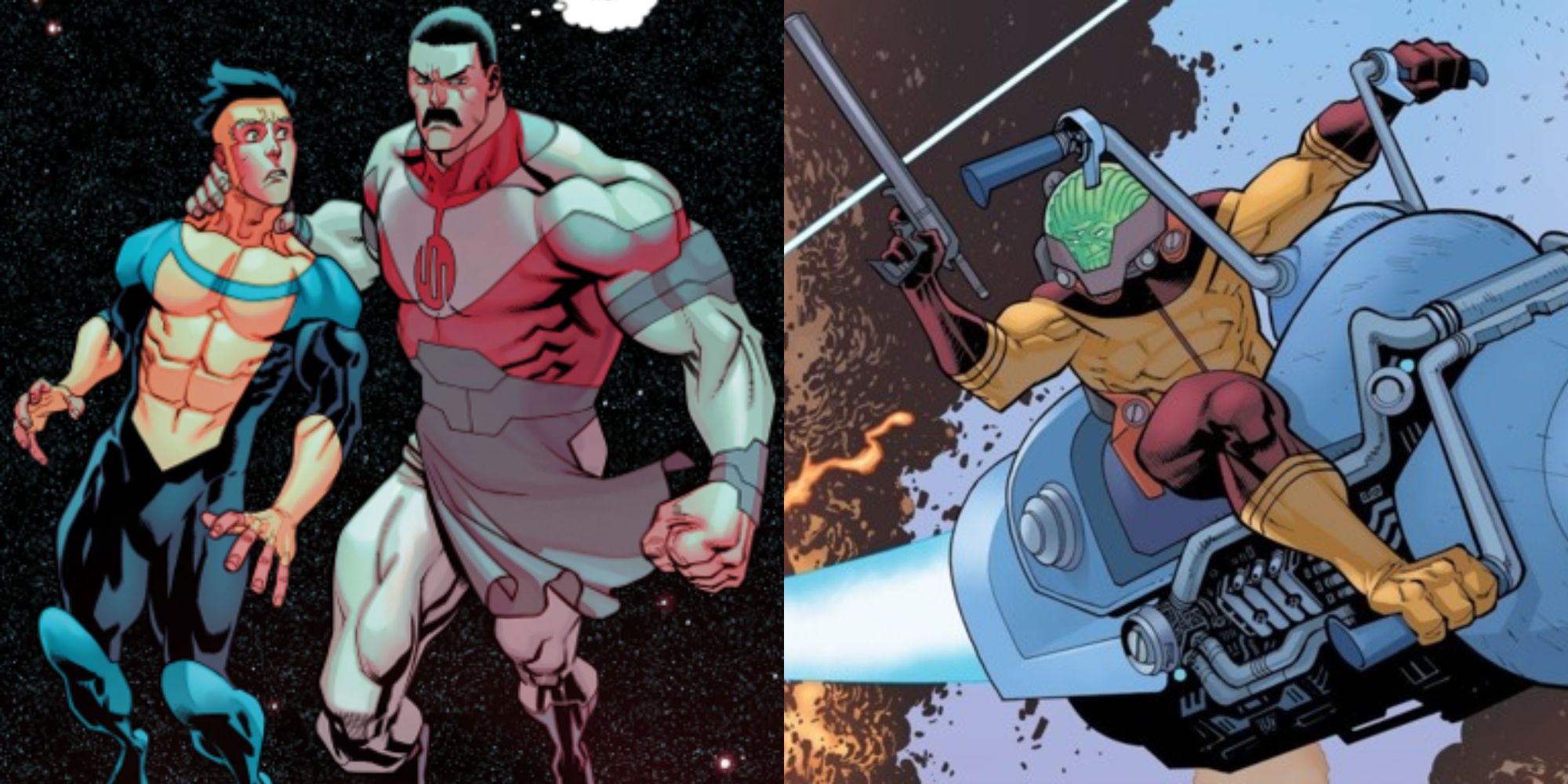 Split image showing Invincible and Thragg and Speed Racer in the comics.