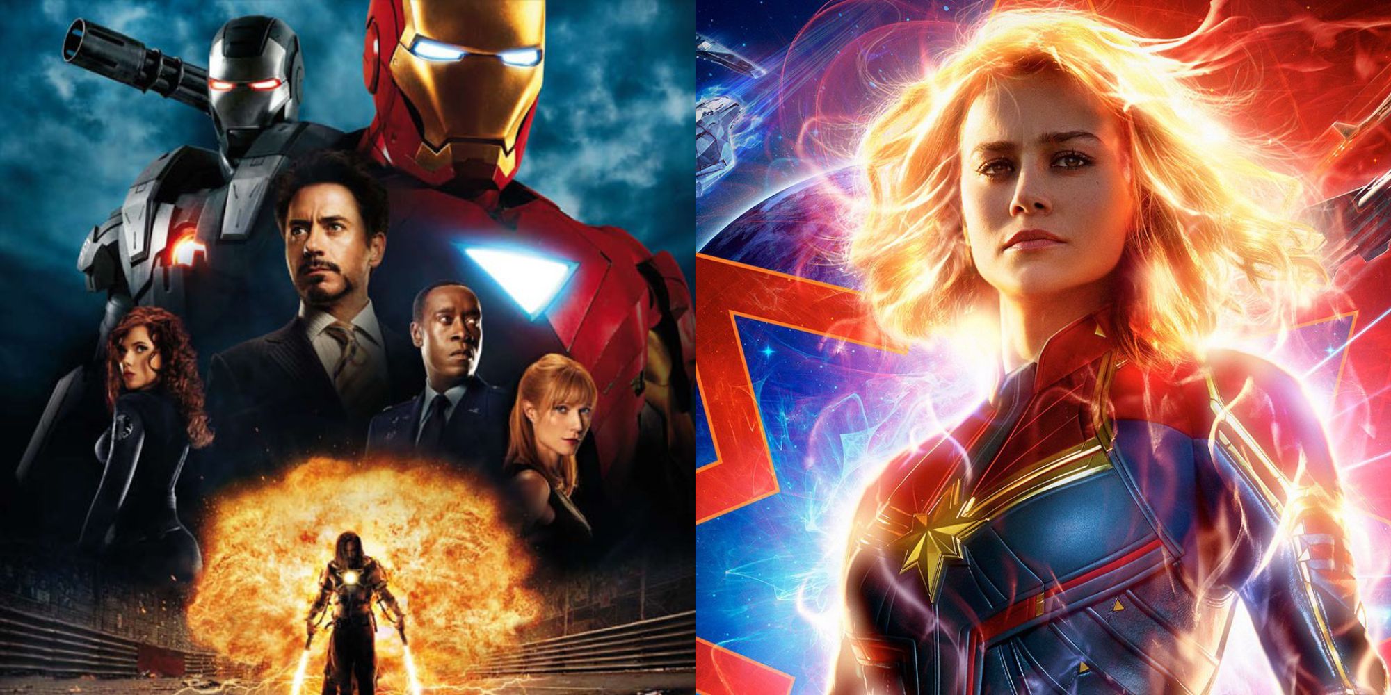 Split image showing posters for Iron Man 2 and Captain Marvel.