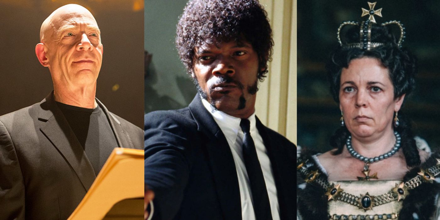 J.K. Simmons in Whiplash, Samuel L. Jackson in Pulp Fiction and Olivia Colman in The Favourite Split Image