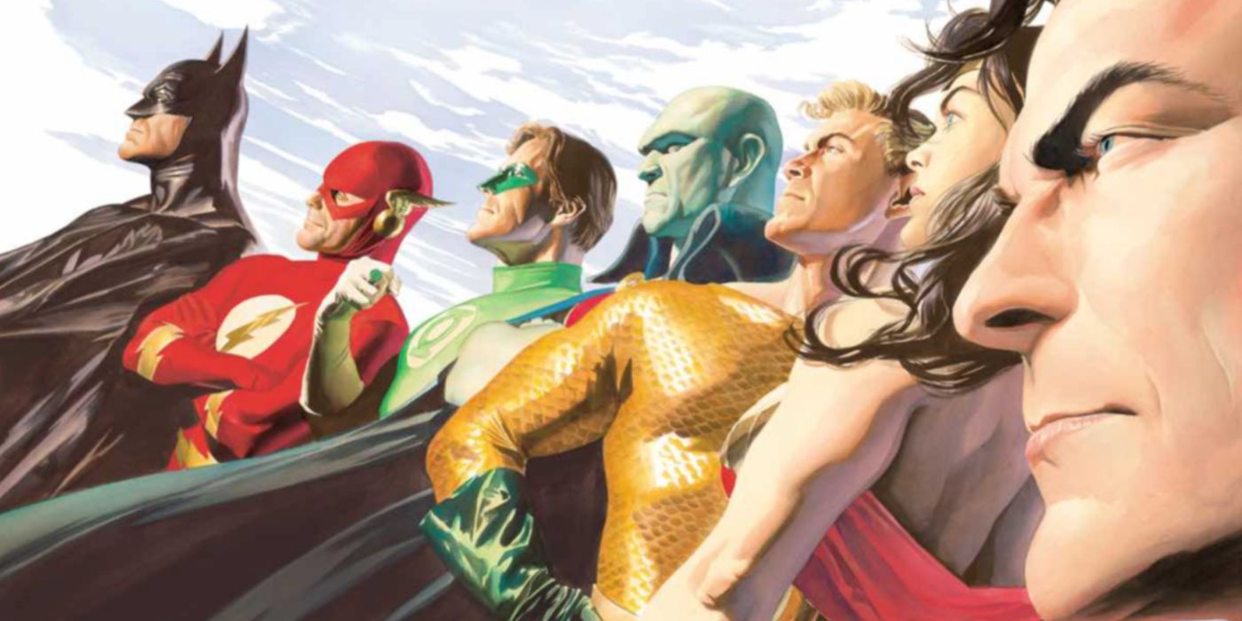 The main members of the Justice League lined up together in Liberty and Justice.