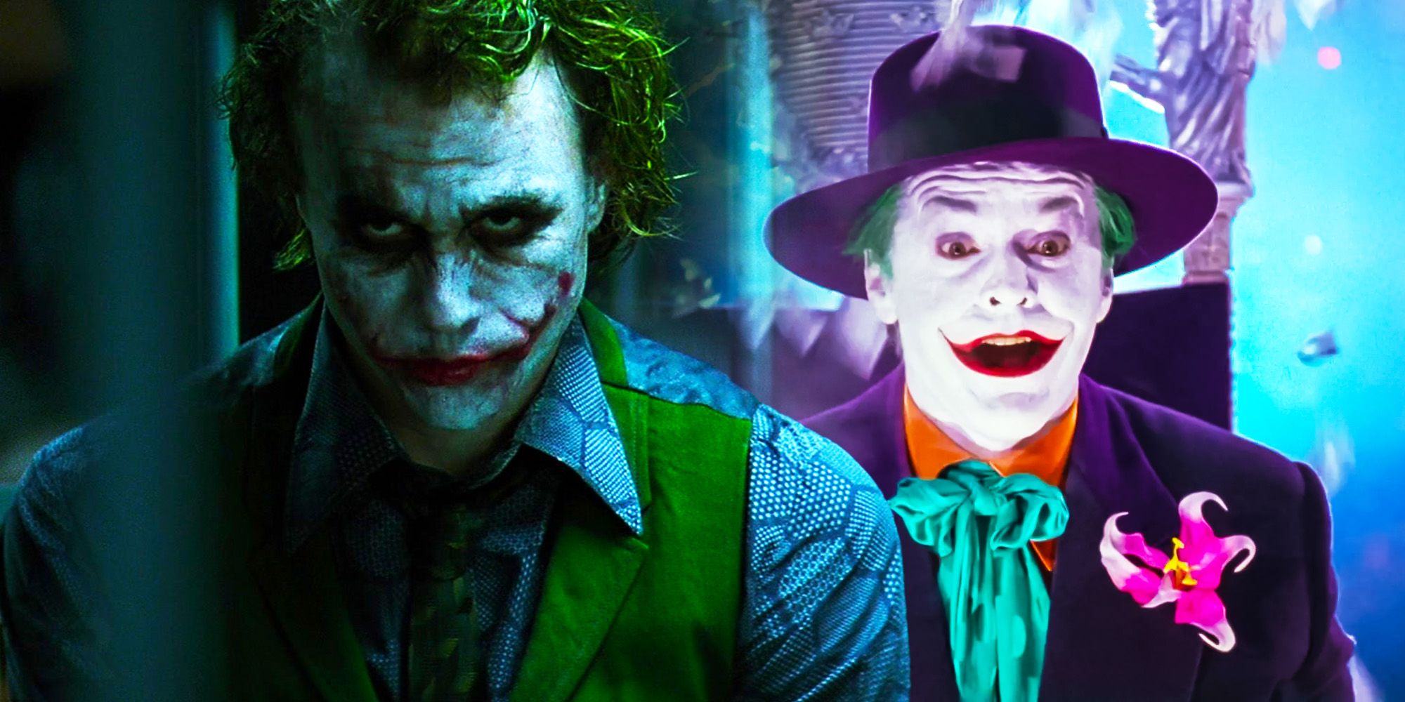 Split Image: Heath Ledger's Joker stares ominously while behind bars; Jack Nicholson's Joker looks shocked and in awe