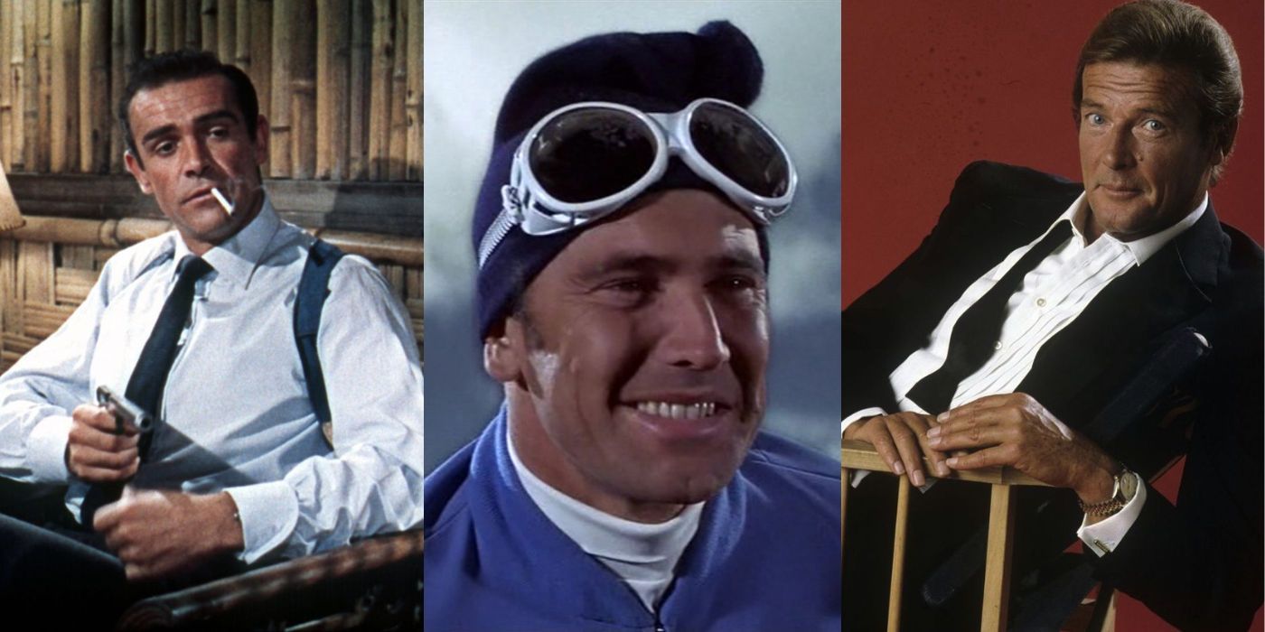 Three vertical images of Bond actors Sean Connery, George Lazenby, Roger Moore