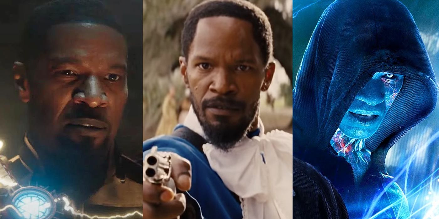Split Image: Jamie Foxx as Electro in No Way Home, pointing a gun in Django Unchained, shooting electricity as Electro in The Amazing Spider-Man 2