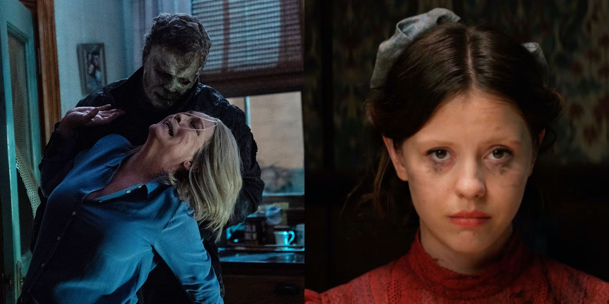 Split image showing Michael and Laurie in Halloween Ends and Pearl in Pearl.