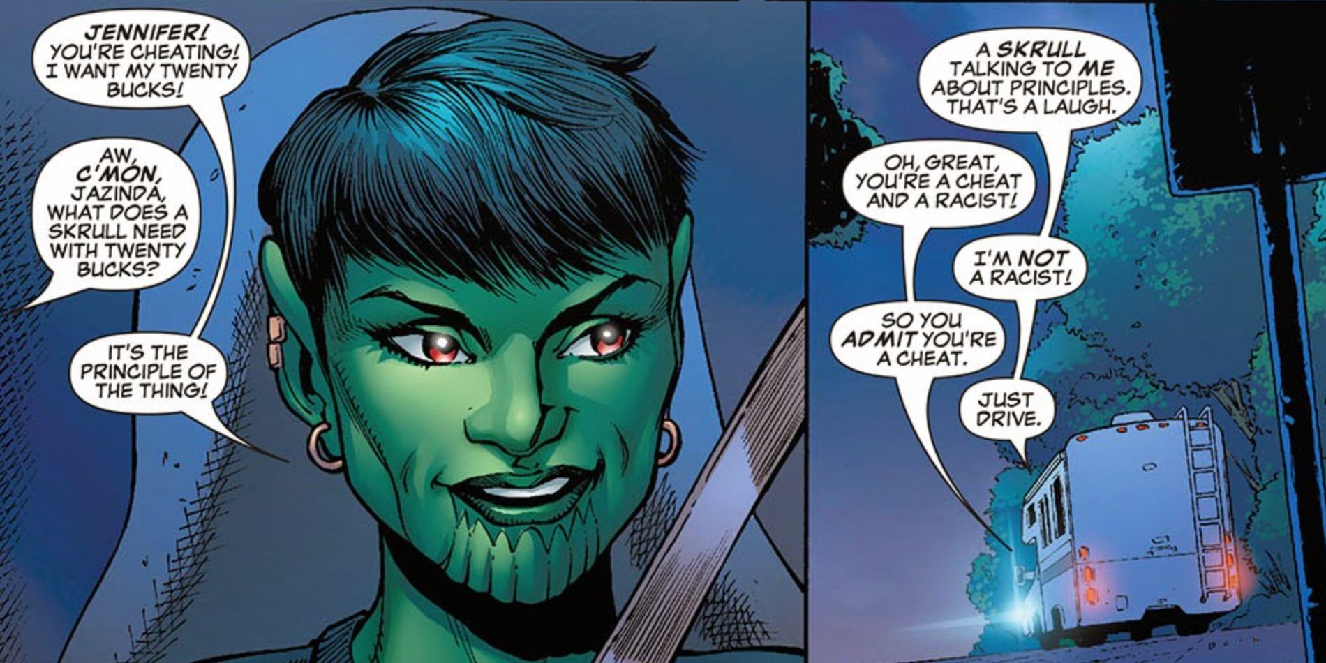 Jazinda talks to Jen Walters on a road trip in Marvel comics