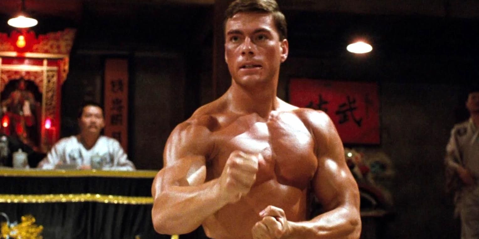 Jean Claude Van Damme raising his fists as Frank Dux in Bloodsport