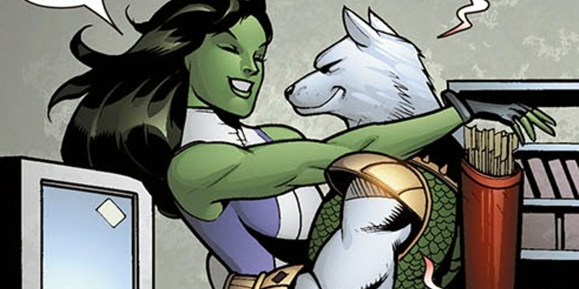 Jen Walters and John Jameson embracing each other as She-Hulk and Man-Wolf in She-Hulk #11.