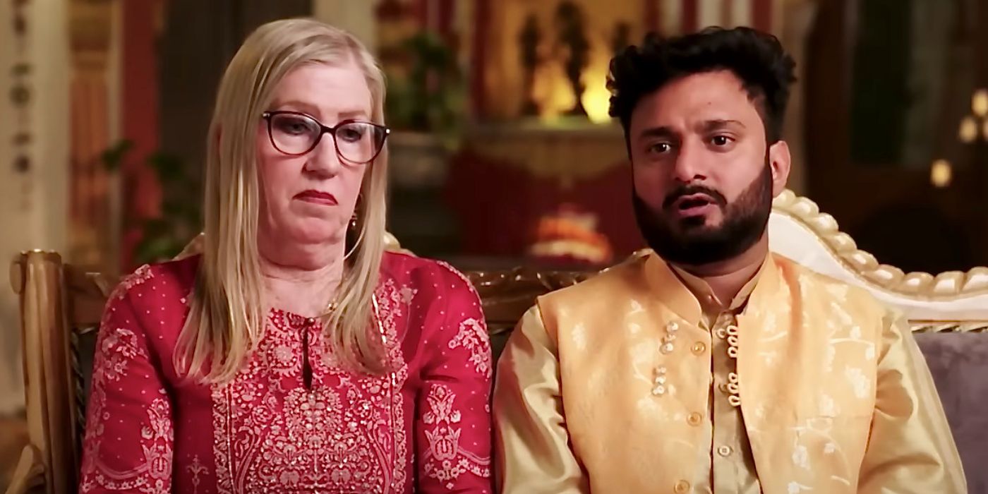 Jenny Slatten e Sumit Singh de 90 Day Fiancé: Happily Ever After 7ª temporada parecendo sérios conversando com as câmeras