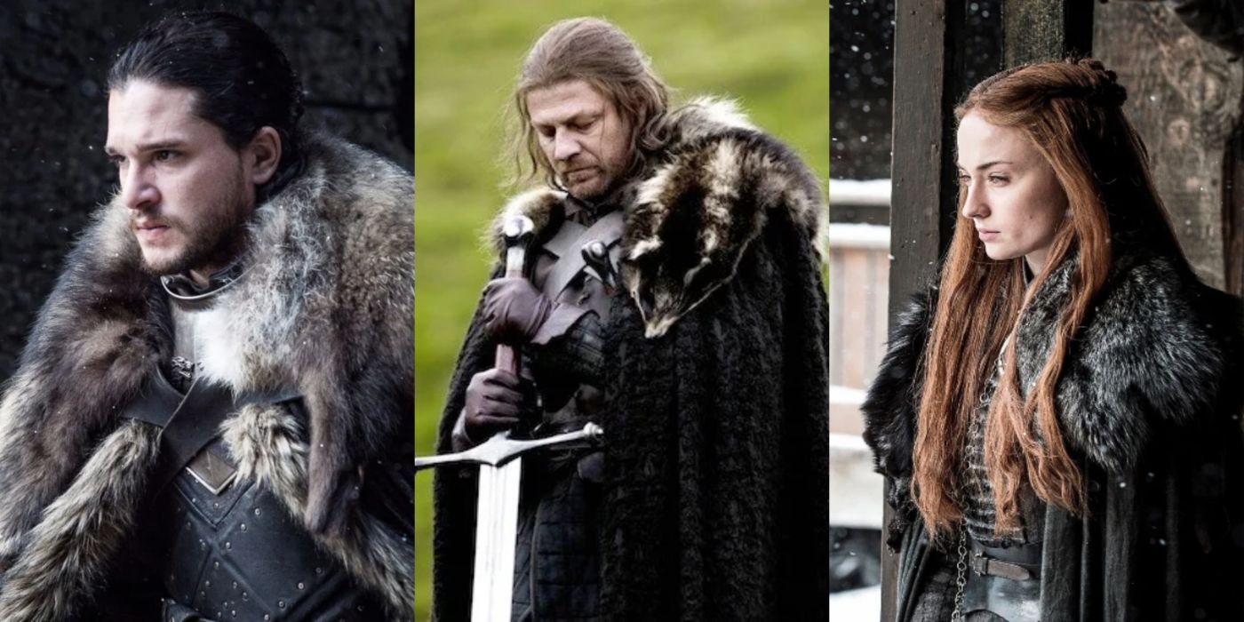 Split image of Jon Snow, Ned, and Sansa Stark in Game of Thrones.