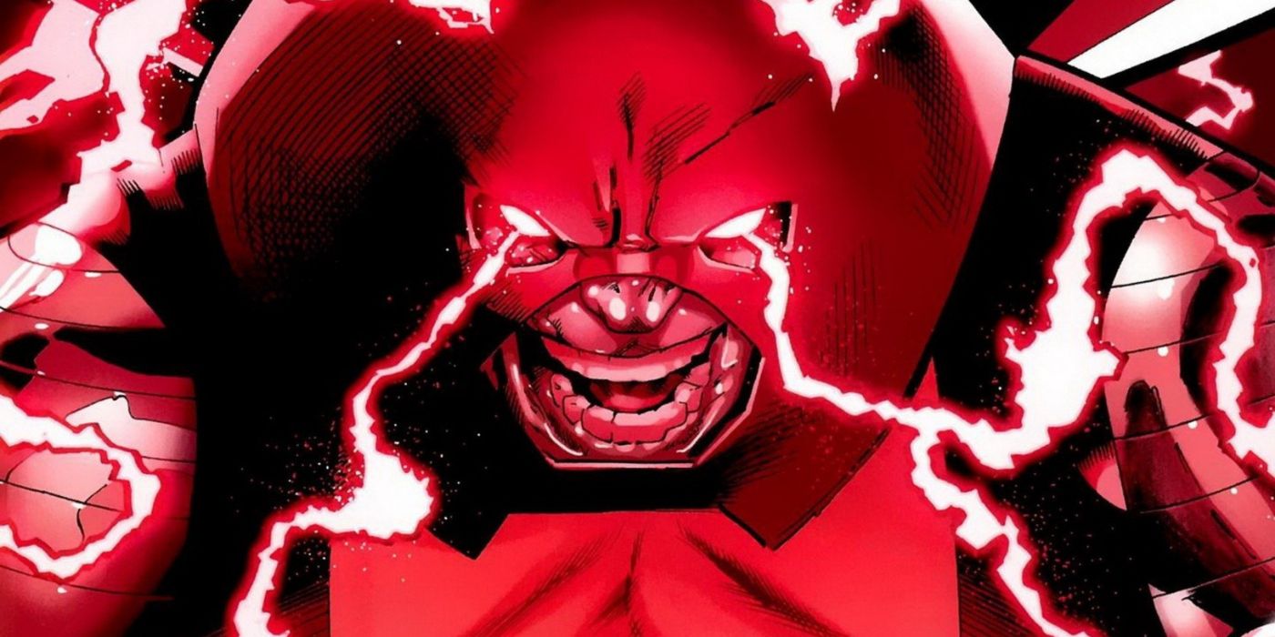 Juggernaut berrando e usando seu capacete de assinatura enquanto ele estala com energia vermelha.