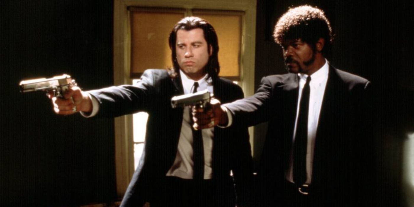 Jules and Vincent aiming their guns in Pulp Fiction.