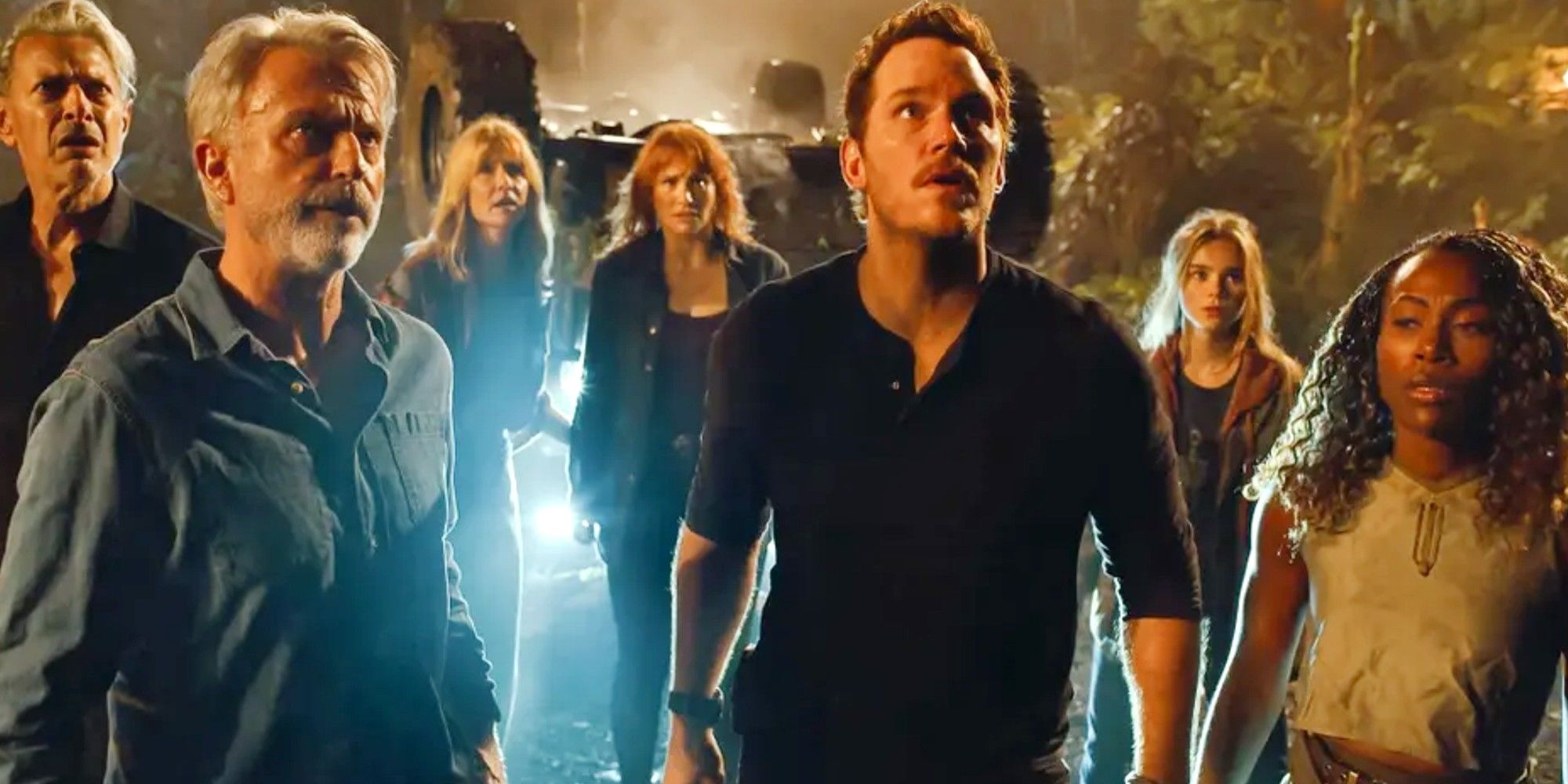 A group of characters looking confused in Jurassic World Dominion.