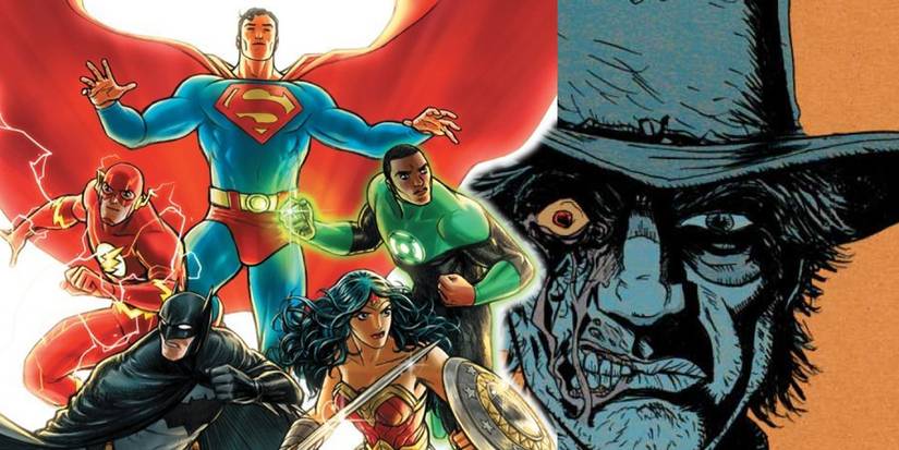 Comic book art: Justice League assembling together with Jonah Hex grimacing