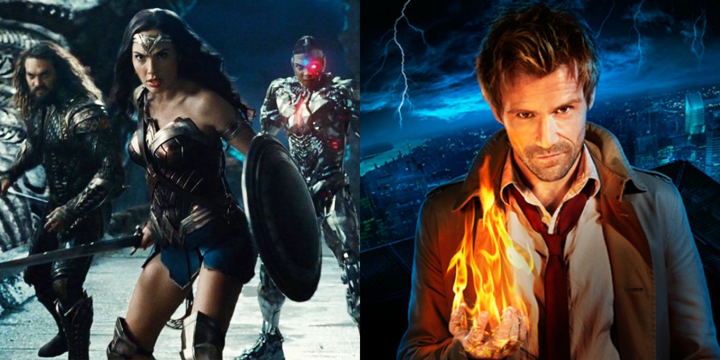 Split image of the Justice League and Matt Ryan as Constantine.
