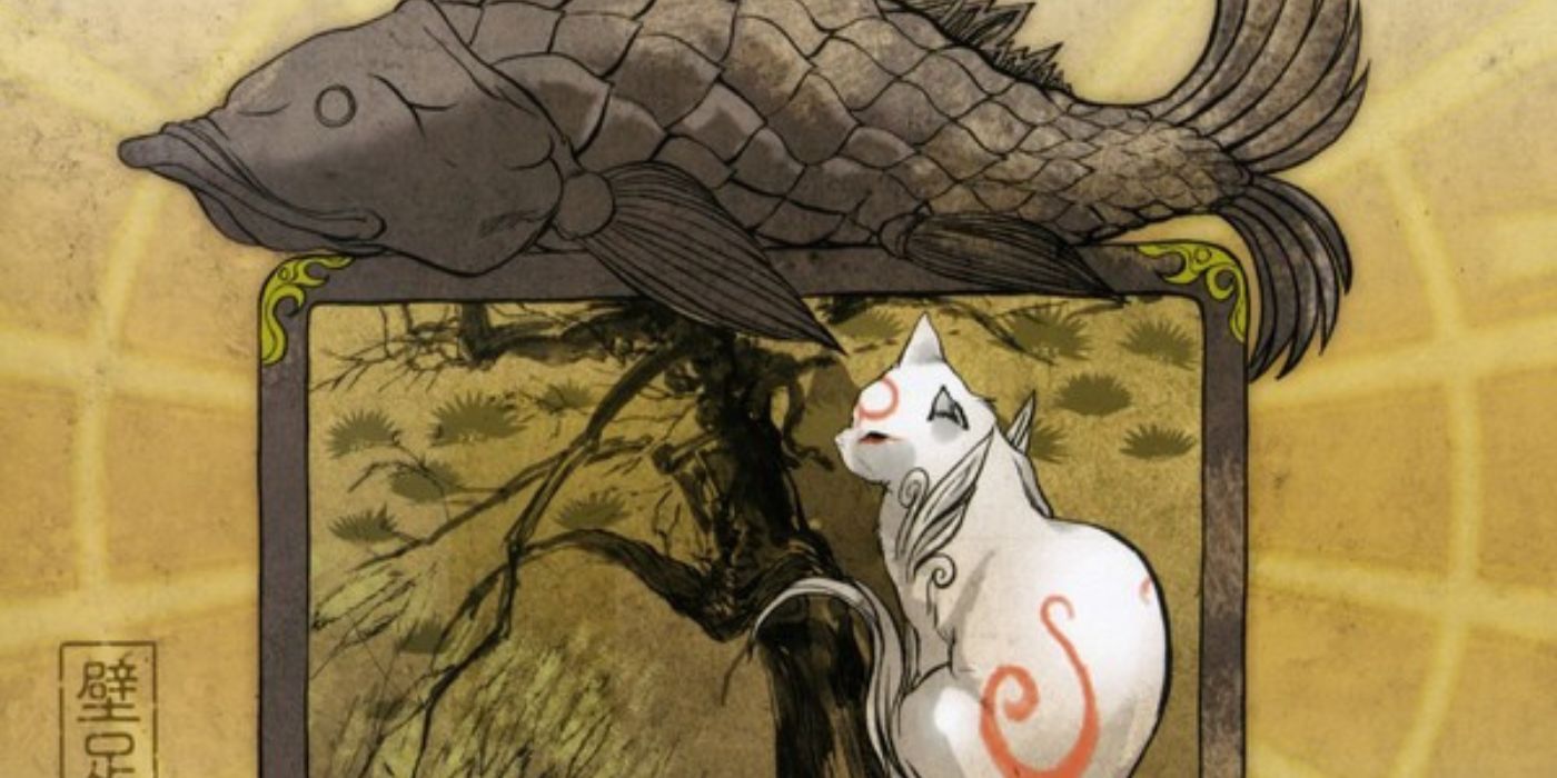 Artwork depicting the white cat Kabegami in Okami.