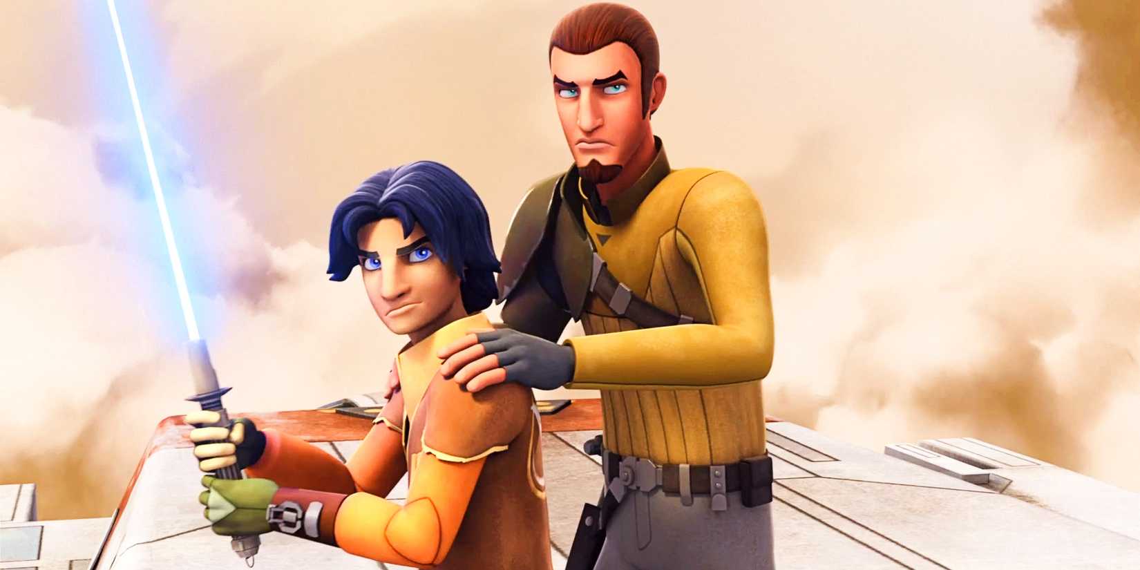 Kanan Jarrus and Ezra Bridger Star Wars Rebels with Kanan's hands on Ezra's shoulders as Ezra holds a lightsaber