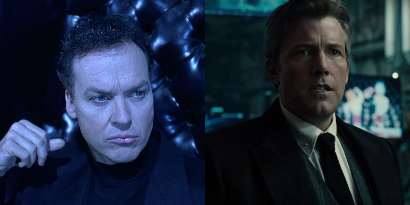 Split image of Michael Keaton and Ben Affleck as Bruce Wayne.