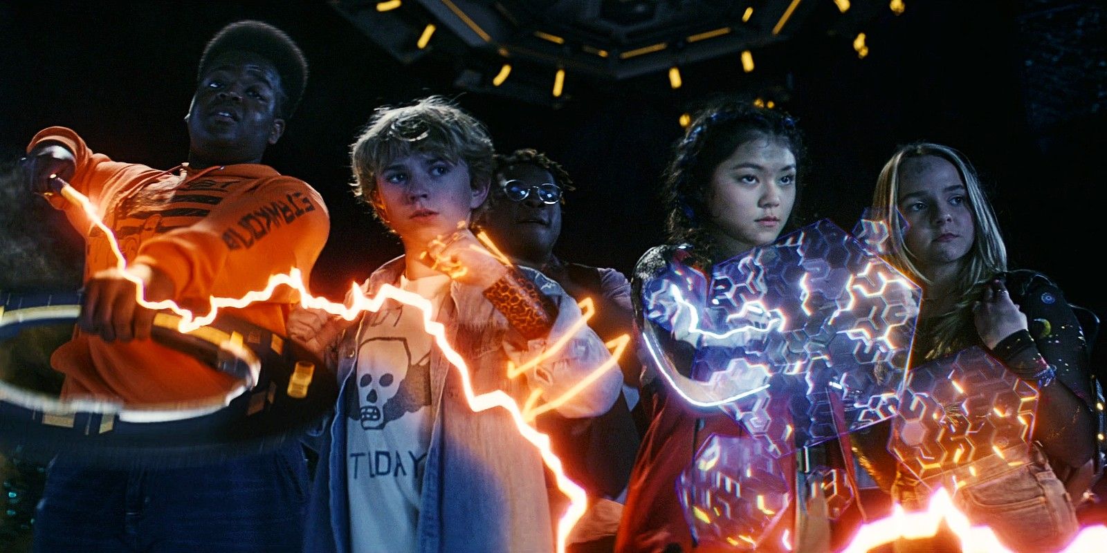 Keith L. Williams As Berger, Walker Scobell As Charlie, Kezii Curtis as Big Mac, Momona Tamada as Maya, and Abby James Witherspoon as Lizzie in Secret Headquarters