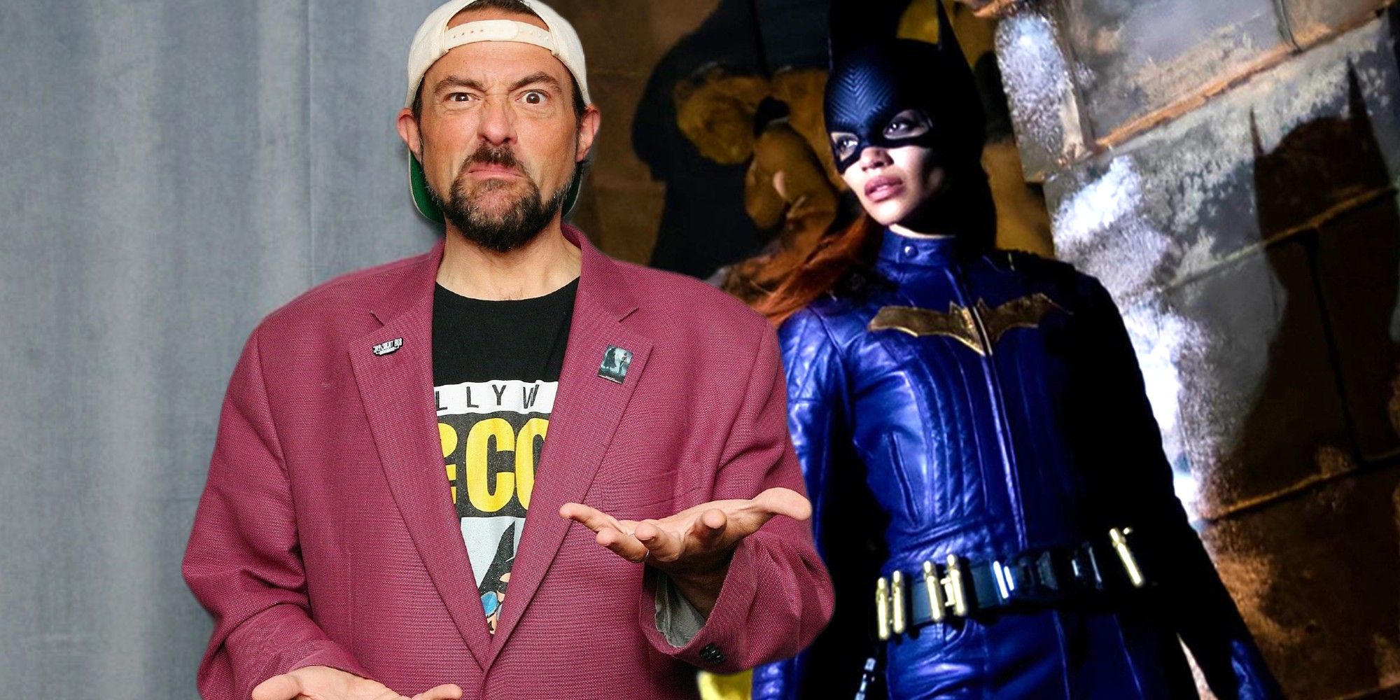 Kevin Smith imposed over image of Leslie Grace in costume as Batgirl