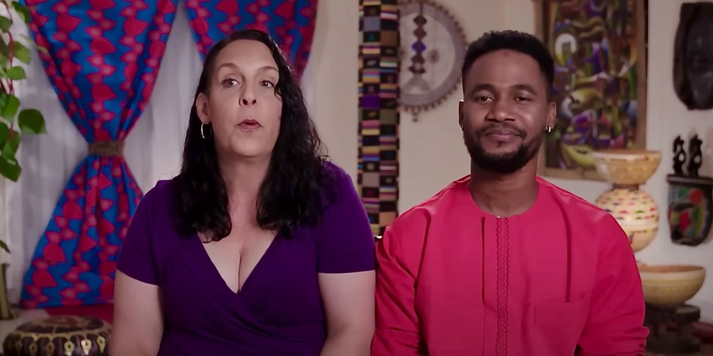 Kim Menzies in purple dress and Usman Umar in pink from 90 Day Fiancé: Happily Ever After sitting next to each other