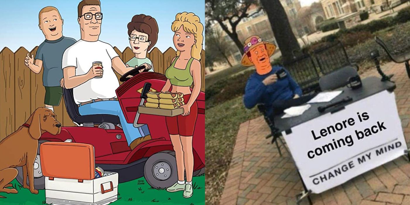Split image of the Hill family gathered around the lawn mower and a Bill Dauterive Meme from King of the Hill