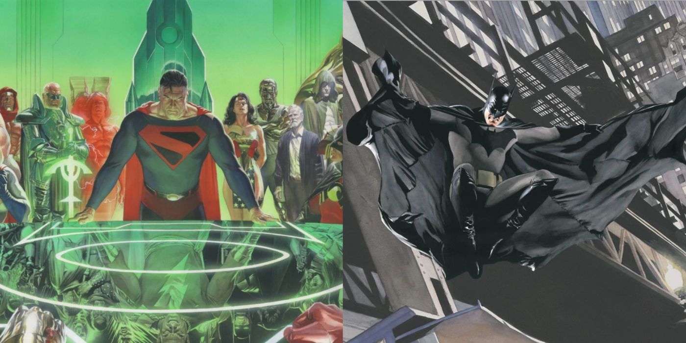 Split image of Superman and co. in Kingdom Come and Batman in War on Crime.