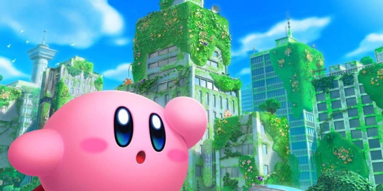 Uma imagem promocional para o videogame Kirby and the Forgotten Land.