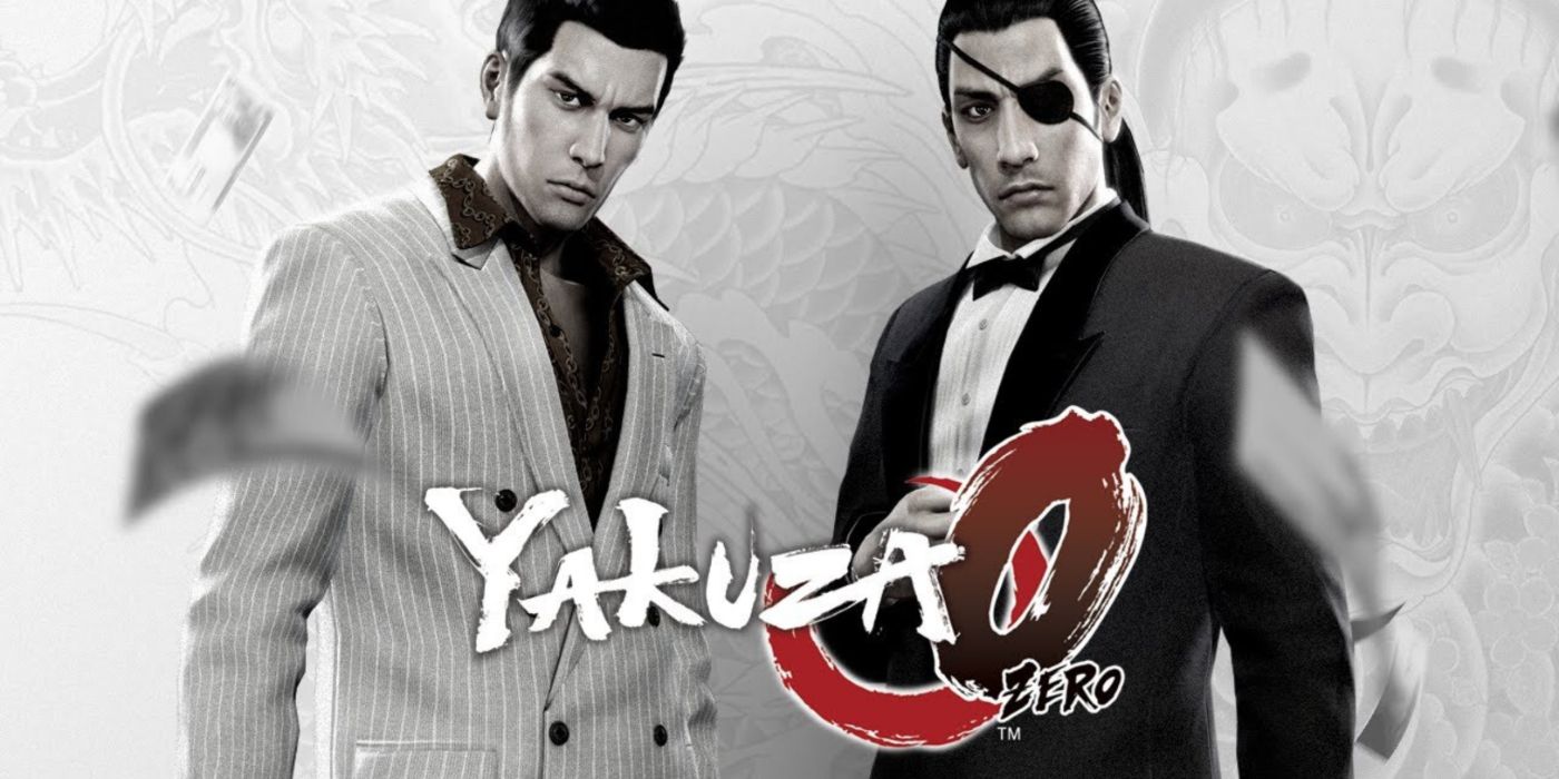 Kiryu and Majima wearing suits in black and white Yakuza 0 key art.