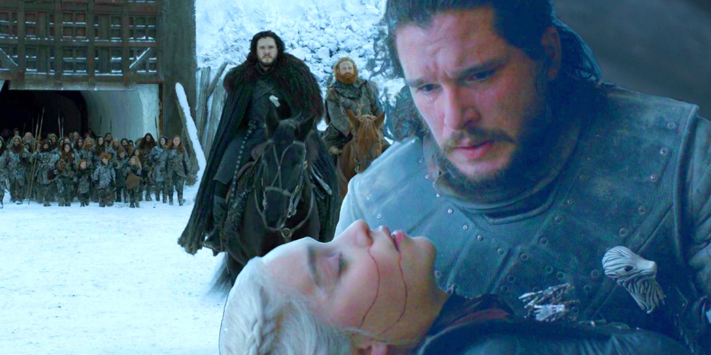 Kit Harington as Jon Snow riding beyond the Wall with Kristofer Hivju as Tormund, and Jon Snow killing Emilia Clarke's Daenerys in Game of Thrones' ending