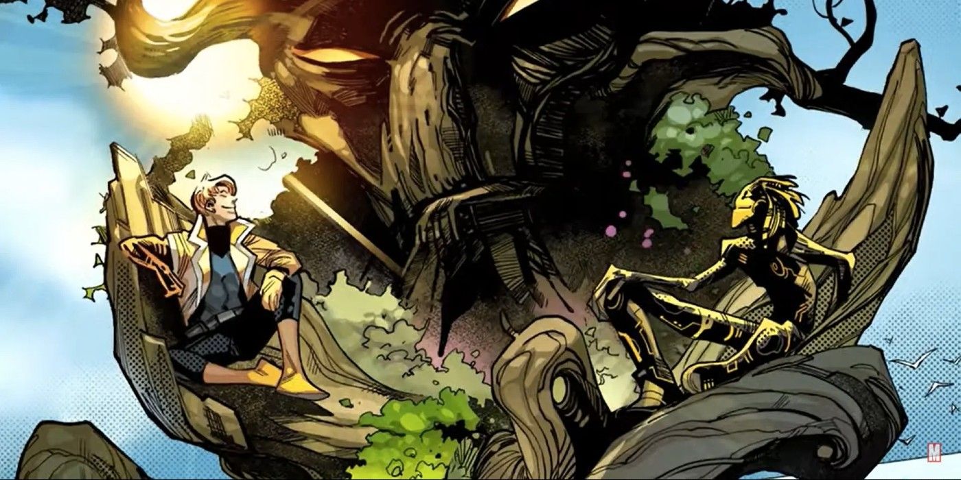 A massive version of Krakoa holding Cypher and Warlock in its palms.