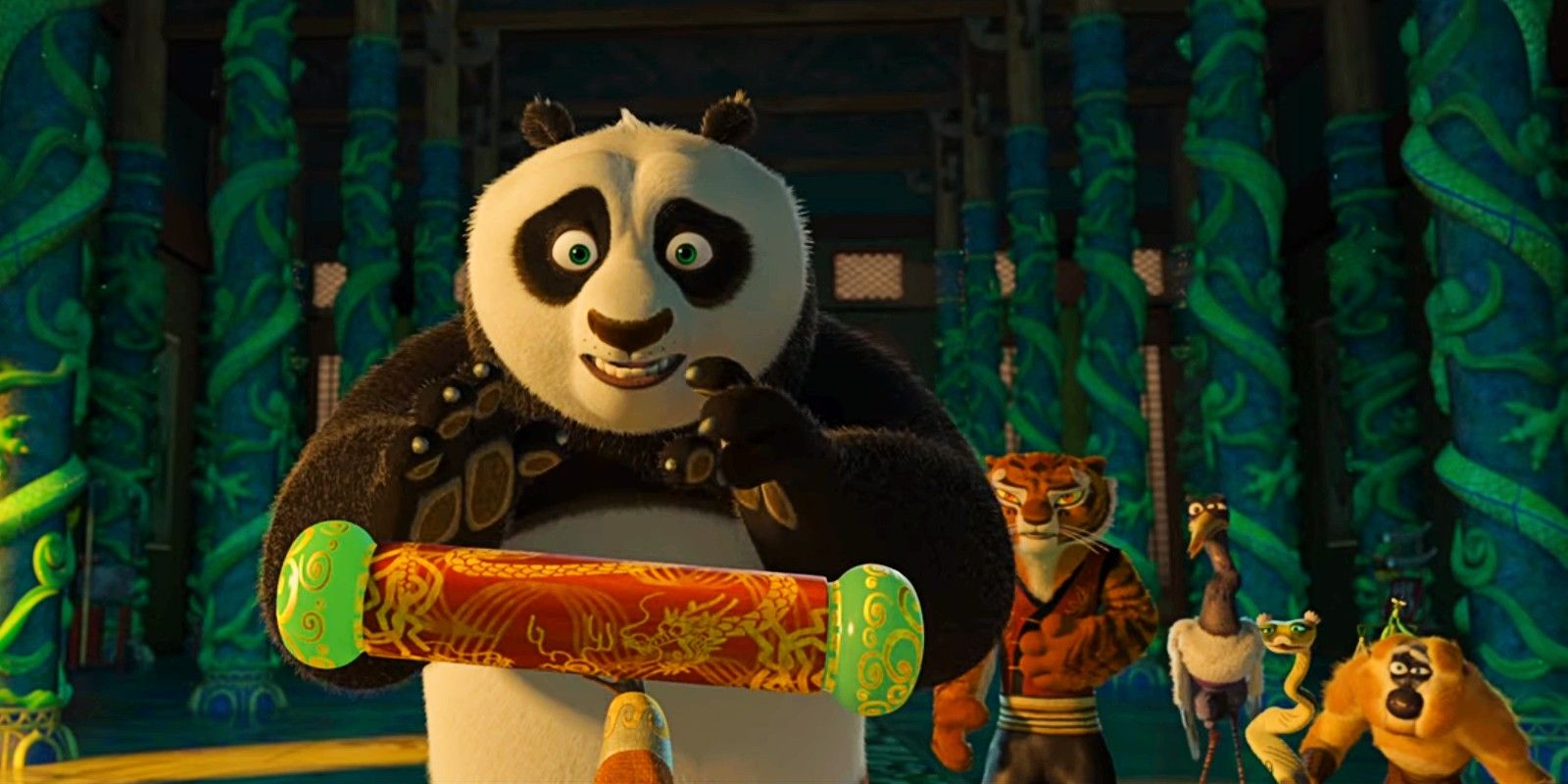 Jack Black como Po parece preocupado em Kung Fu Panda