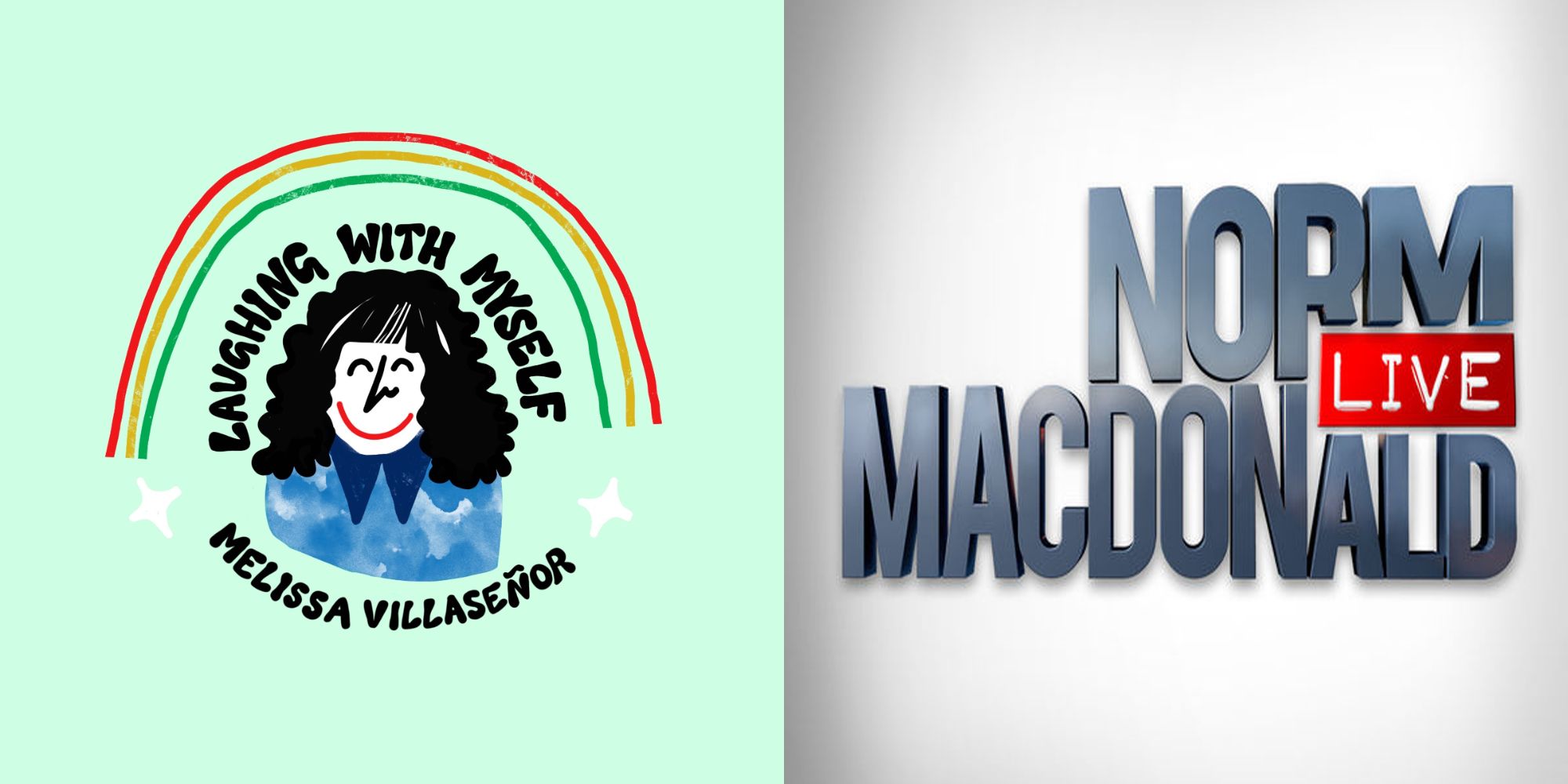 Split image showing logos for the Laughing with Myself and Norm McDonald Live podcasts
