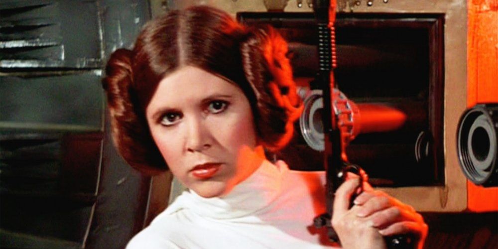 Leia with a blaster in Star Wars