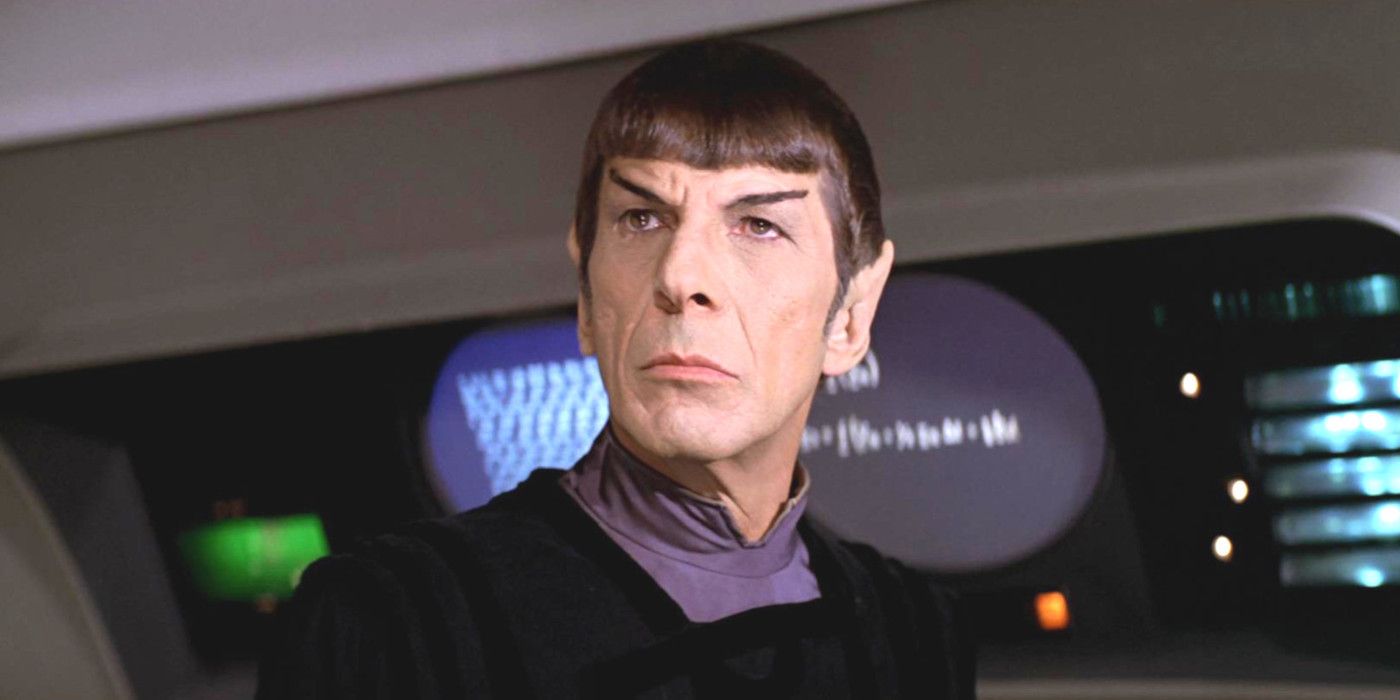 Leonard Nimoy as Spock in Star Trek The Motion Picture in a black robe on the Enterprise bridge looking very serious