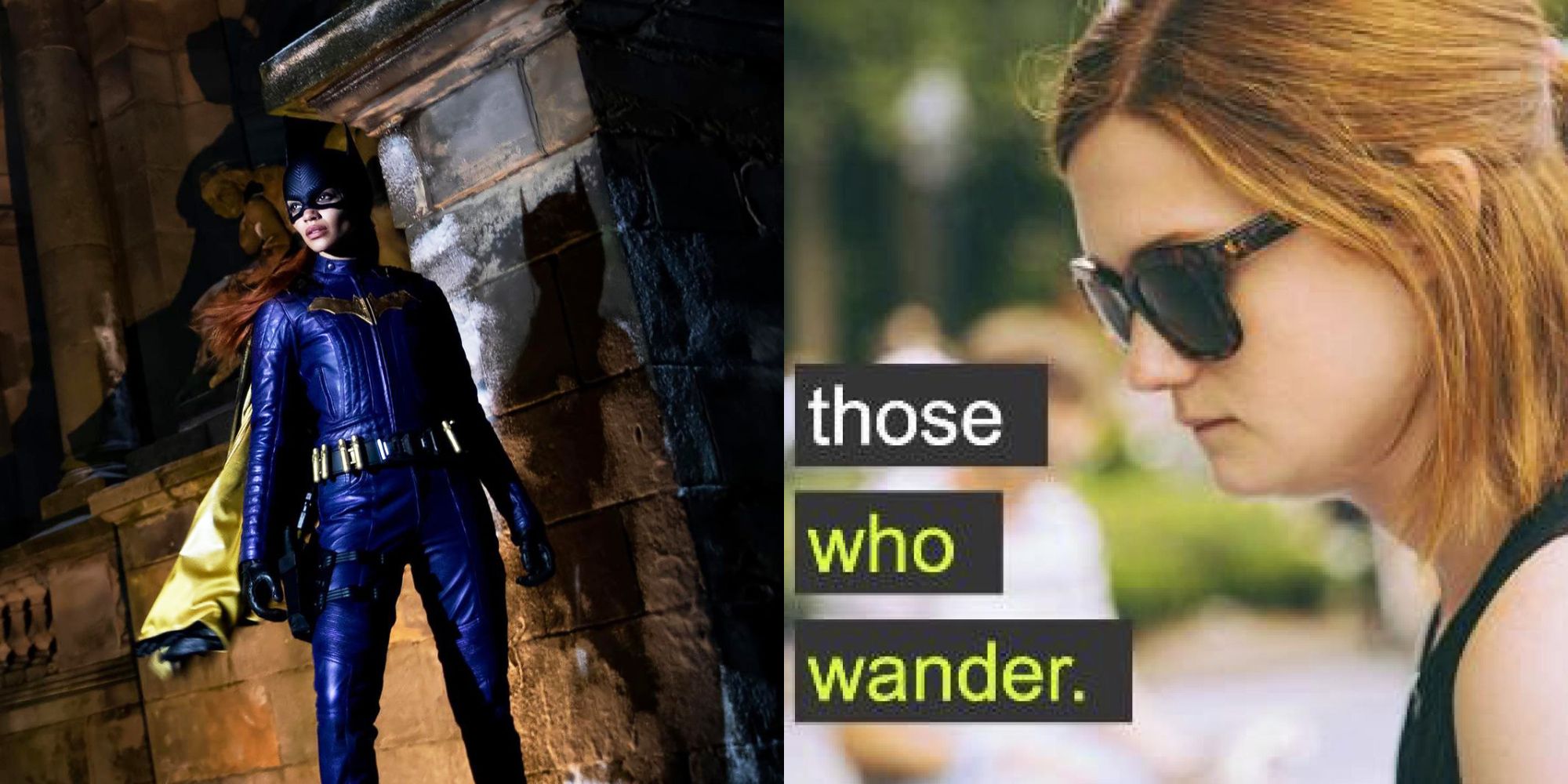 Split image showing Leslie Grace as Batgirl and Bonnie Wright on a poster for the film Those Who Wander.