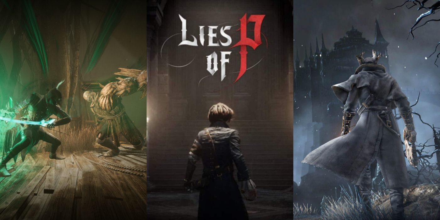 Promotional images from the video games Thymesia, Lies of P, and Bloodborne.
