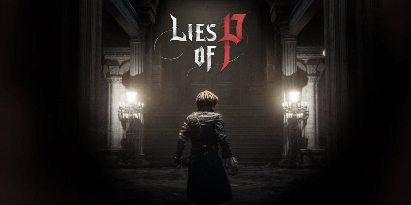 Arte do título de Lies of P, mostrando o logotipo do jogo acima do personagem Pinóquio em frente a uma escada mal iluminada e uma porta fechada. 