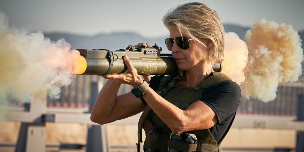 Linda Hamilton with a rocket launcher in Terminator Dark Fate