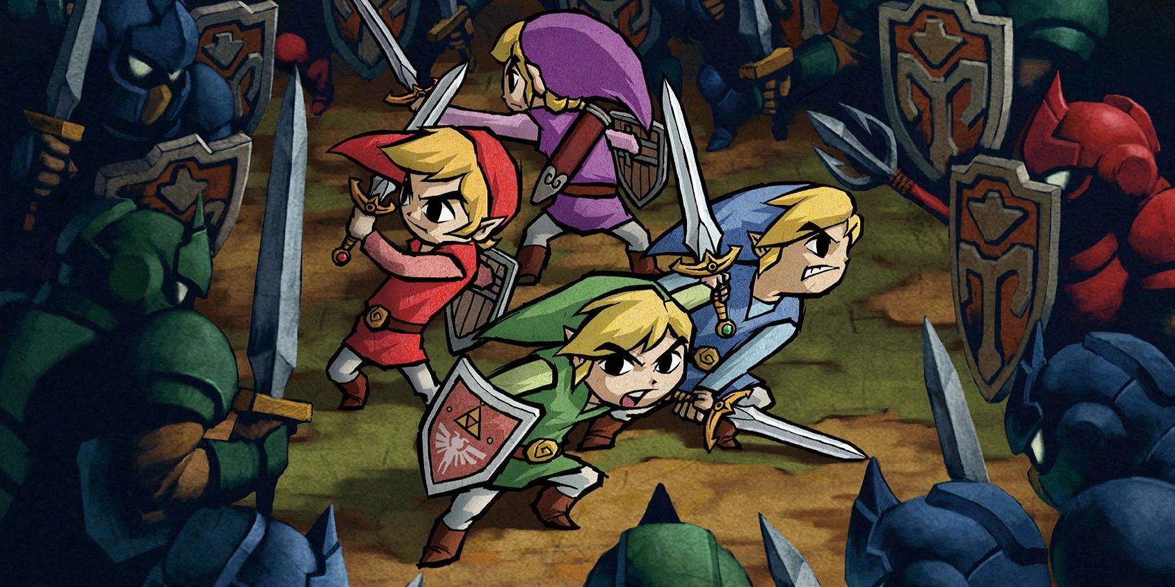 Four Links, split by the Four Sword, surrounded by enemies.