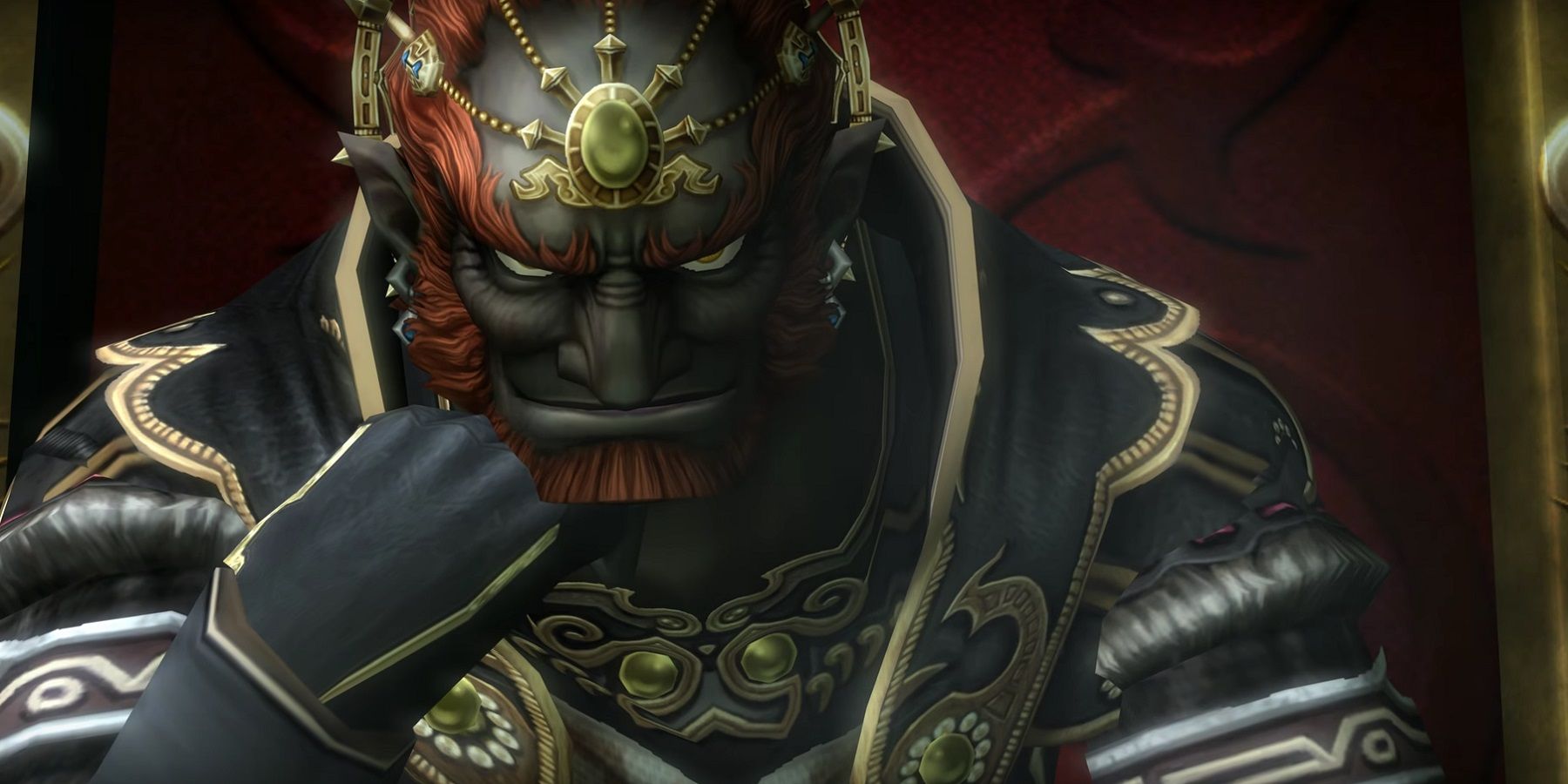 Ganondorf with his fist propped against his chin and an imposing glare in Twilight Princess.