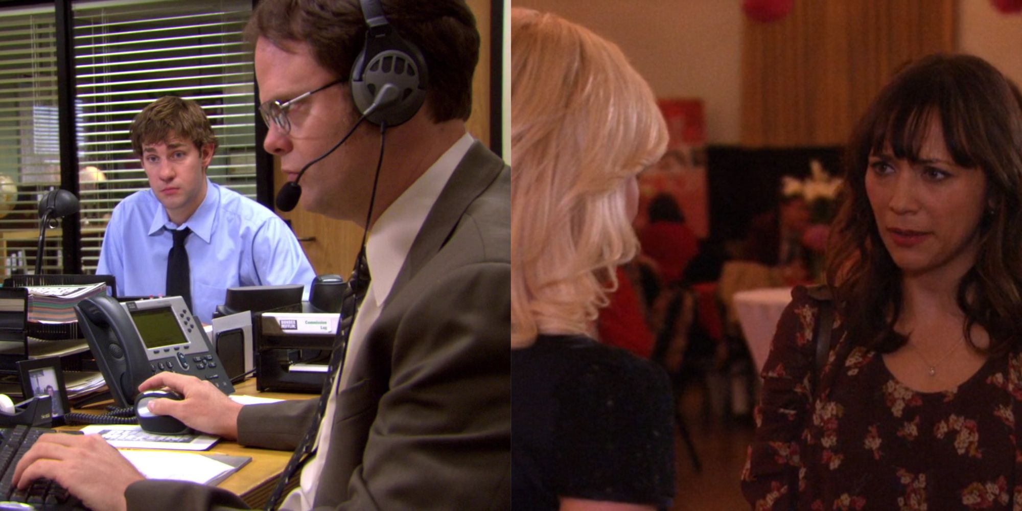 Dwight Schrute playing Second Life with Jim Halpert watching and Ann Perkins and Leslie Knope talking
