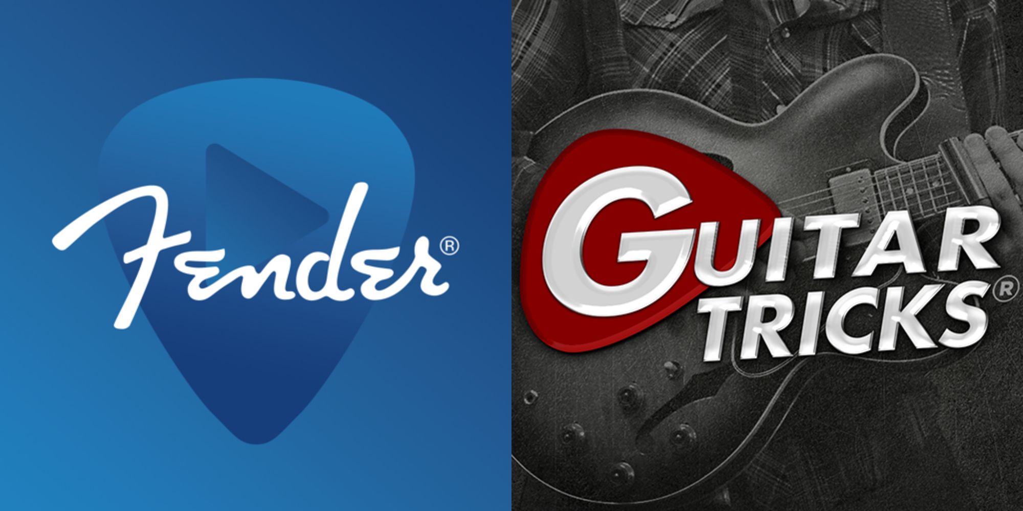 Split image showinf the logos for the Fender and Guitar Tricks Apps.