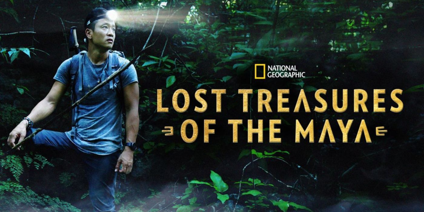 An explorer in the jungle on a banner for the documentary Lost Treasures of The Maya.